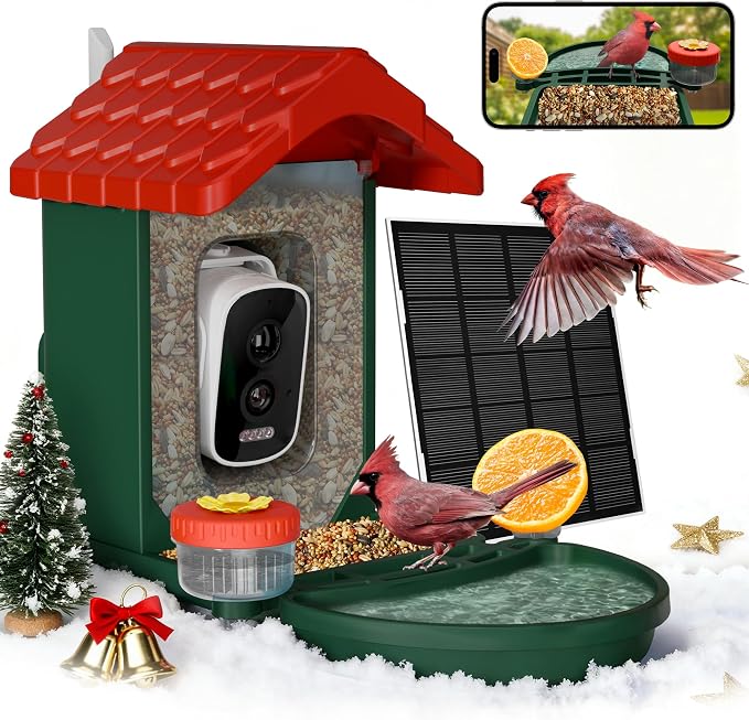 VISIOGEAR 2-in-1 Smart Wild Bird Feeder & Bath with 4K HD Camera, AI Identification Solar Bird Feeder Watching Camera Night Vision for Outdoor Birds Watching Gifts for Birdlover, Red & Green