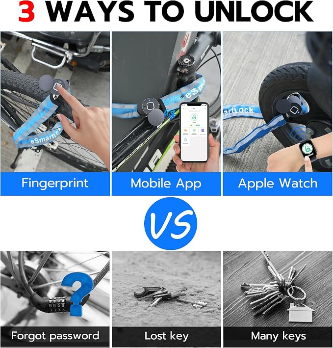 Chain Lock eLinkSmart Keyless Waterproof Bicycle 100CM Chain Lock for Bike Scooter Motorcycle Door Fence Gate Fingerprint Bluetooth App Heavy Duty Security Blue