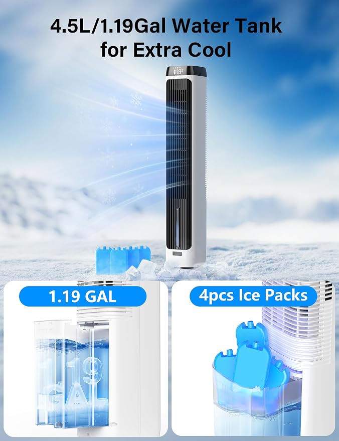 PNTCK 41" Evaporative Air Cooler, Bladeless Tower Fan Cooling Fan with 3 Speeds & 5 Modes, Ice Packs, 12H Timer, Remote, 80° Oscillating, 3-IN-1 Swamp Cooler for Bedroom Office Large Room