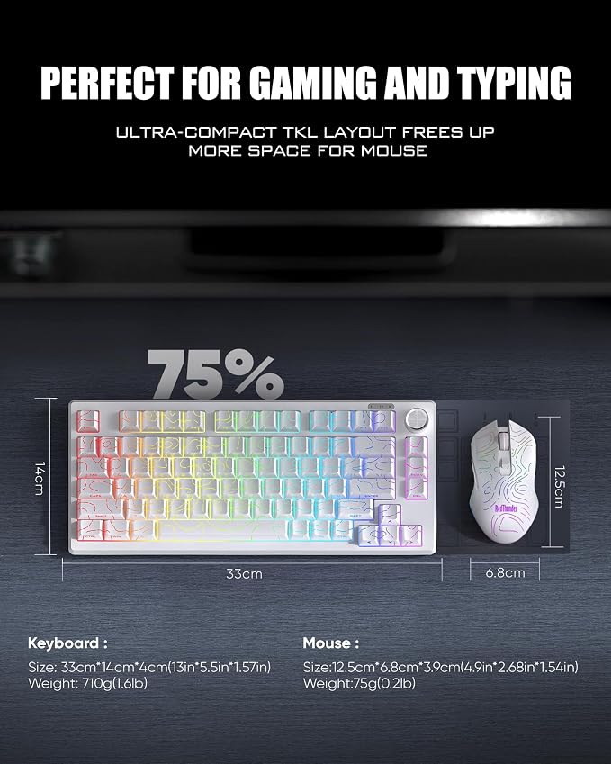 RedThunder K75 Wireless Keyboard and Mouse Combo,75% Membrane Side-Engraved Keyboard,Optical Gaming Mouse with 4800DPI,3 Modes(BT/2.4G/Wired),Dual System,RGB Backlit,Rechargeable Battery,Contour White