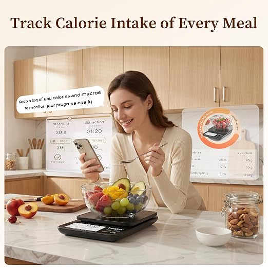 Smart Food Scale with Nutritional Calculator, Bluetooth APP Digital Nutrition with 30 Nutrients, Calorie & Macro Tracking, Personal Goals, Food Preload, Barcode Scan 11lb for Meal Prep, Weight Loss