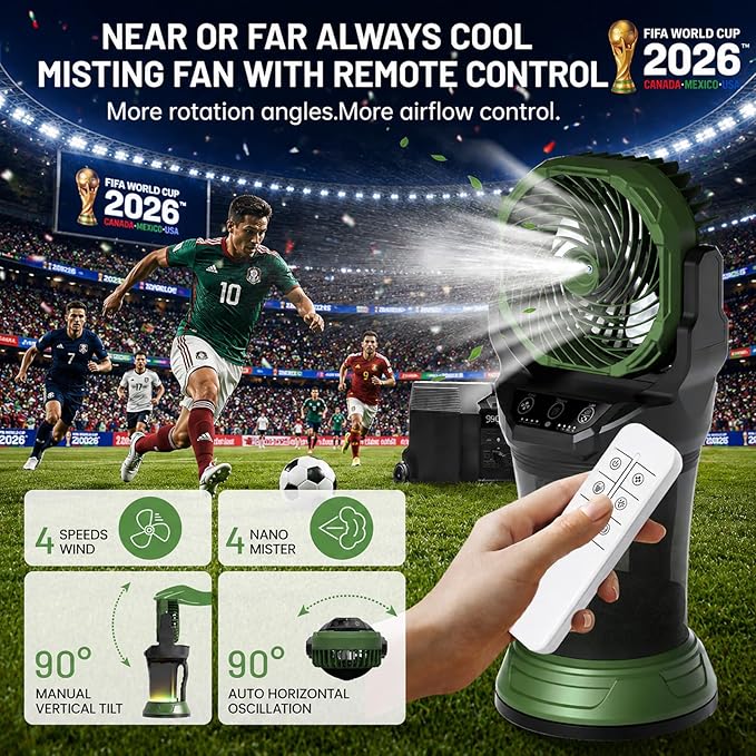 Portable Misting Fan with Remote & 30000mAh Rechargeable Misting Fans for Outside Patios Camping Beach & Workshops Mist Fan Portable for Outdoor/Indoor 2L Built-in Water Tank RGB 4 Speeds & Spray