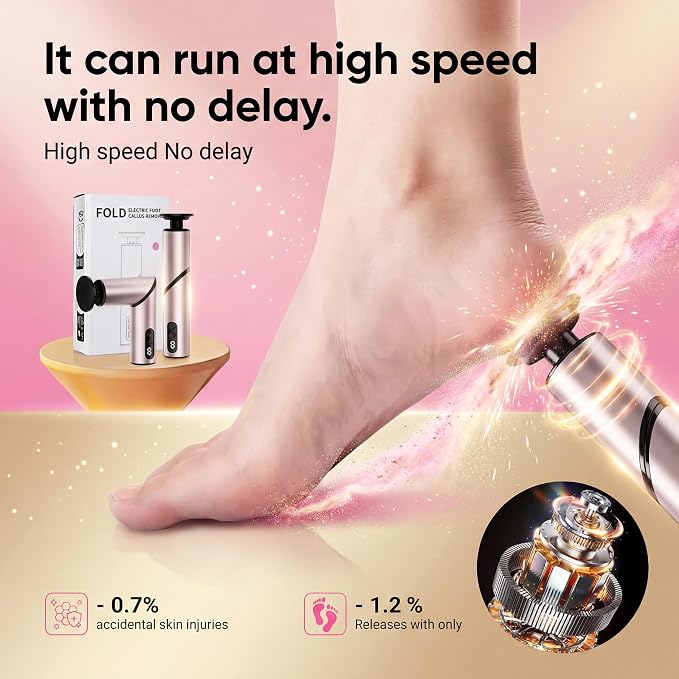 Electric Foot Callus Remover, Rechargeable Pedicure Kit with 10 Heads & 40 Grit Pads, 3 Speed LED Display, Strong Motor for Heels & Dead Skin, Portable & Foldable Callus Remover for Smooth Feet, Pink