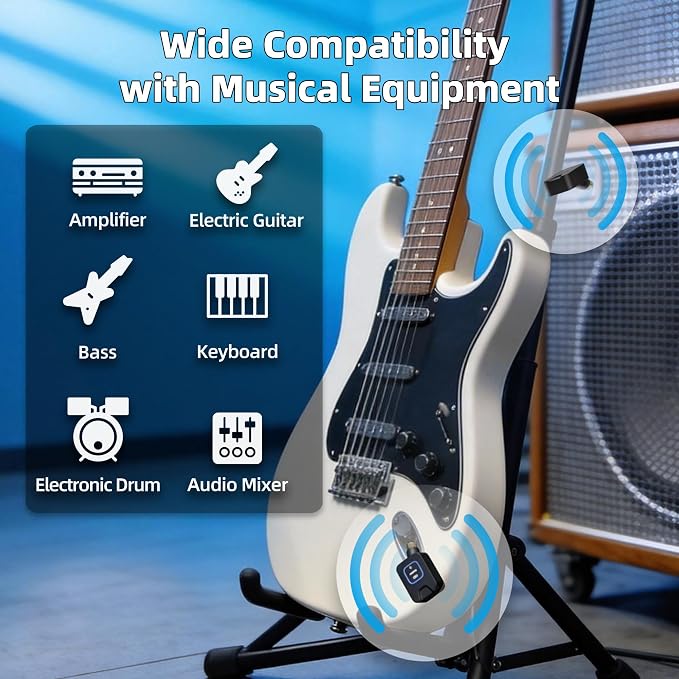 Wireless Guitar System 5.8GHz Digital Transmitter Receiver, 24bit/48kHz Audio, ＜4.6ms Low Latency, 6 Channels, 30m Outdoor Range, 30H Playtime with Charging Case for Electric Instruments