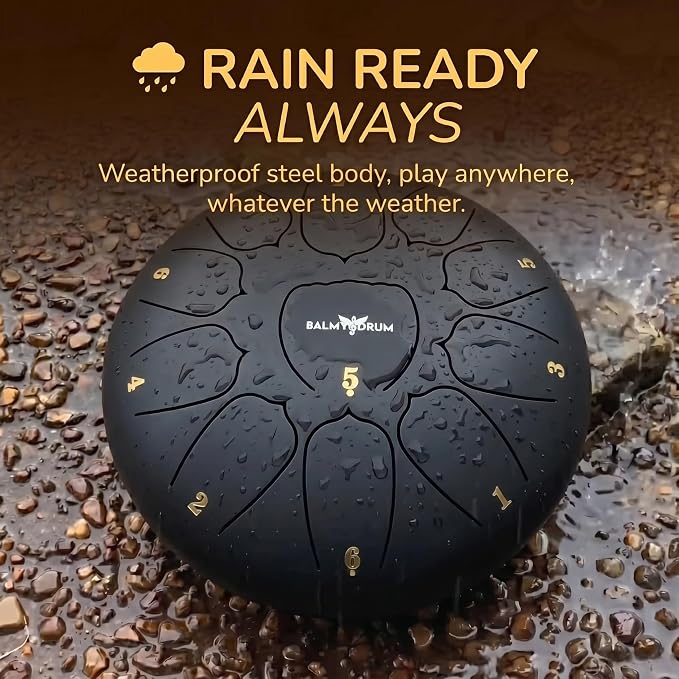 Balmy Drum Steel Tongue Drum 10 inch 11 Notes 440Hz, Handpan Drum with Music Book, Mallets, Carry Bag, Finger Picks, Rain Drum for Outdoor, Meditation Yoga Calming Instruments for Adults Kids (Black)