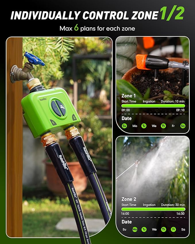 RAINPOINT WiFi Water Timer for Garden Hose, 2 Zone WiFi Sprinkler Controller, Smart Hose Timer Valve, Automatic Drip Irrigation System/Rain Delay for Garden/Lawn