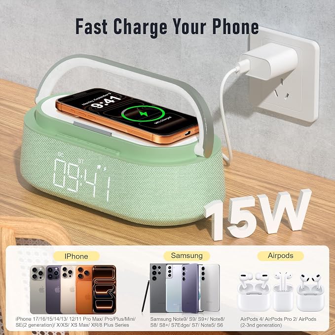 FREEFISH Bluetooth Speaker with Fast Wireless Charger,FM Radio,Touch LED Night Light,Phone Holder,Snooze, Portable Wireless Speaker for Bedrooms Office Home, Gifts