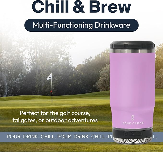 Vibe 4 In 1 Bluetooth Speaker Cup, Insulated Can and Bottle Holder for Hot or Cold Drinks, Double Wall Stainless Steel Drinkware, Fits 12 oz Cans or 14 oz Liquid, Pink