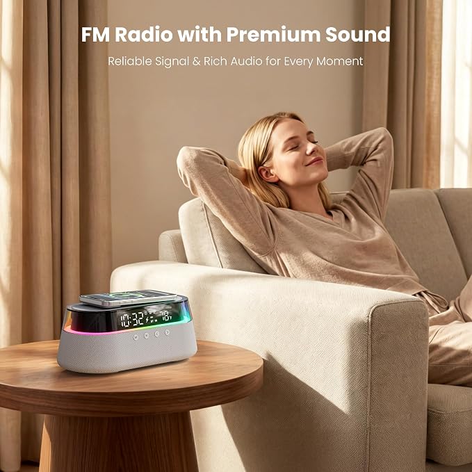 6-in-1 Bluetooth Speaker Alarm Clock with Remote, 15W Fast Wireless Charger, FM Radio & Dimmable LED Night Light, Dual Digital Clock for Bedroom Home Office, Ideal Gifts for Him, Men Women