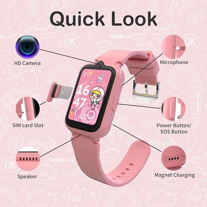 4G Kids Smart Watches Girls | GPS Watch for Kids with Video Call and Voice Chat Pedometer SOS Alarm Calculator Camera Waterproof HD Touch Screen Parental Controls, Digital Watch for Girls Age 5-12