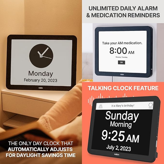 Robin Day Clock 2026 for Seniors, 15" Large Digital Calendar Dementia Clock with Talking Function, Alarms, Easy-to-Read Display for Elderly, Day Date Time, Medication Reminder, DST, Black