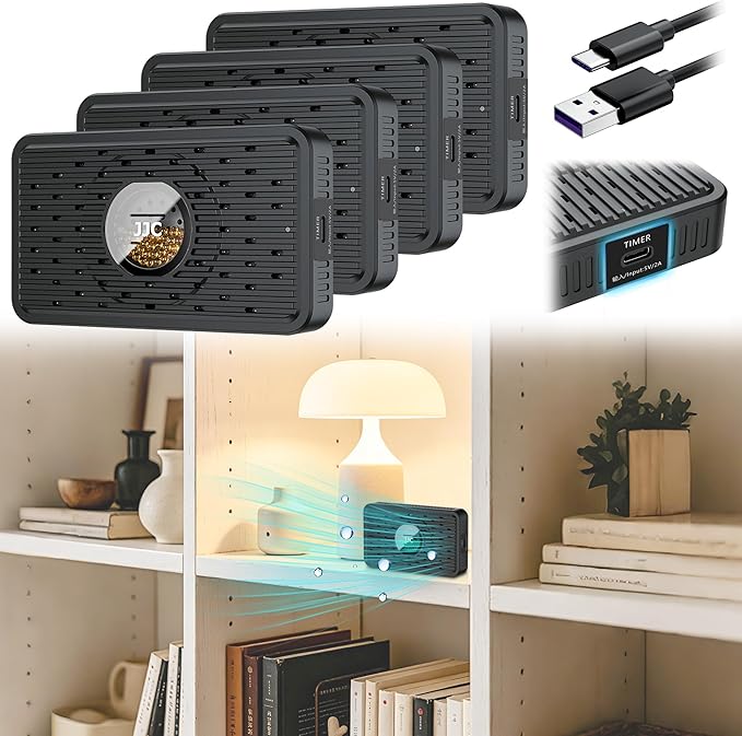 4Pack Auto Power-off Rechargeable Small Desiccant Dehumidifier for Bathroom Bedroom Safes, Reusable Anti Moisture Silica Gel Packets for RV Closet Cabinet Windowsill Tent Crafting 3D Filaments- Black