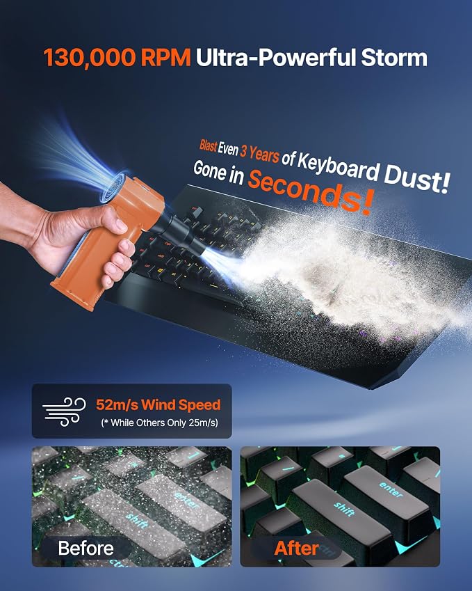 Compressed Air Duster, 130,000RPM Ultra-Powerful Cordless Electric Air Duster with 8000mAh Rechargeable Battery, 4-Gear Adjustable Air Blower for Keyboard, Computer, Car - Orange