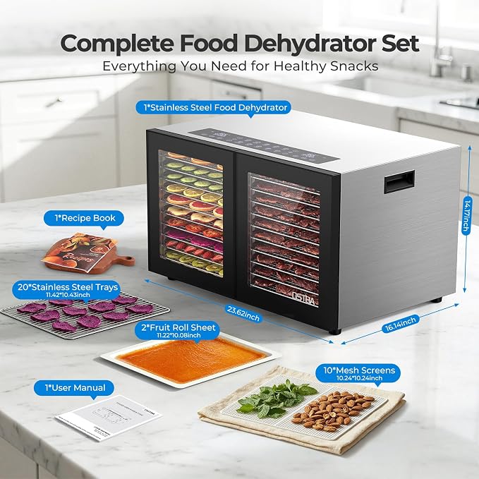 OSTBA Dual Zone Food Dehydrator, 20 Stainless Steel Trays, 1300W Dual Layer Food Dryer, 180℉ Adjustable Temp, 48H Digital Timer, 10 Presets for Jerky, Meat, Fruit, Herbs, Home & Commercial Use