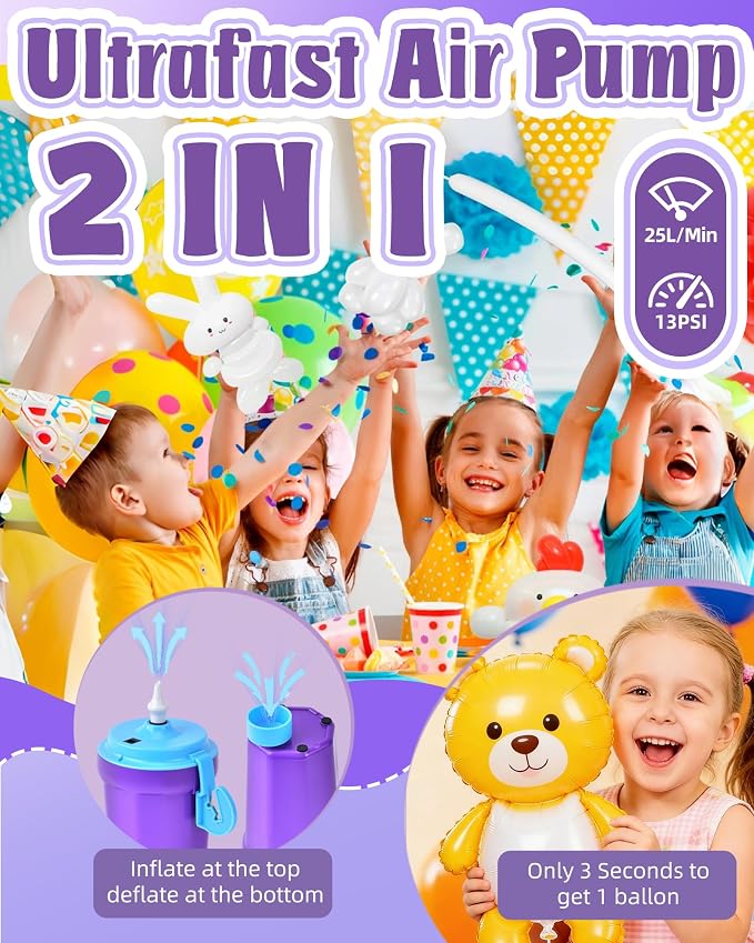 Portable Balloon Pump Electric, Rechargeable Cordless Balloon Pump Inflator for All Balloons, Latex 260q Foil Mylar Balloon Inflation, Quick-Fill Inflator& Deflator for Inflatables,Purple & Blue