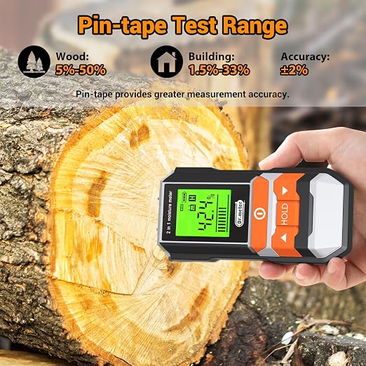 Wood Moisture Meter, 2 in 1 Pin & Pinless Moisture Tester, Digital Humidity Sensor Detector for Wood Firewood Drywall Floor Woodworking, Water Leak Detector for Building Home