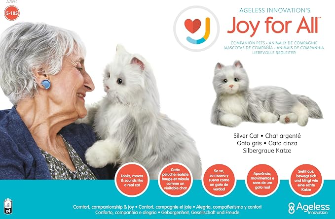 JOY FOR ALL Ageless Innovation Companion Pets | Silver Cat with White Mitts | Lifelike & Realistic | Comfort, Joy & Companionship