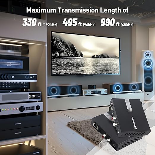 Cable Matters 990ft Extra Long Range Audio Over Ethernet Adapter Kit with Built-in Digital to Analog Converter(DAC), Support Optical Audio Toslink, L/R RCA & 10Gbps Snagless Long Cat 6 Ethernet Cable
