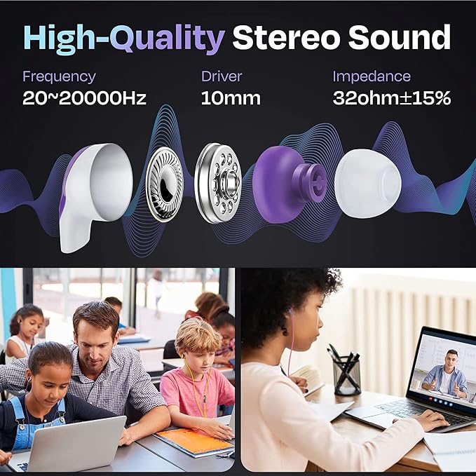 JustJamz Bulk Earbuds 100 Pack | Basic Ear Bud, Black Dot in-Ear Earphones, Disposable Headphones, Class Headphones Set for Students, Earphones for Class, Kids, Classroom, Library, Wired Earbuds