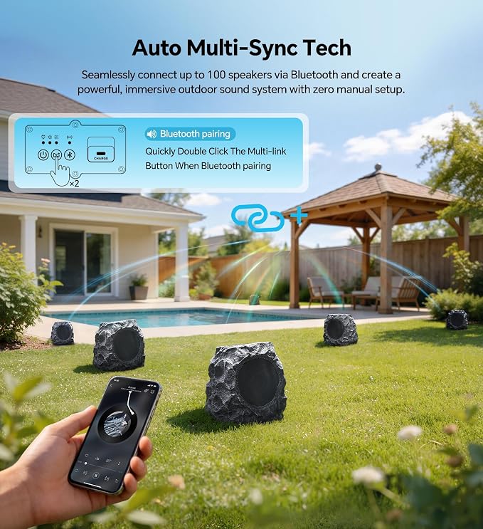 Upgraded Outdoor Rock Speaker 30W Deep Bass Multi-Sync up to 100Pcs, Remote Control, IPX7 Waterproof Solar-Powered Bluetooth Speaker Perfect for Pool, Garden, Patio, Ideal for Music Lovers - 1 Pack