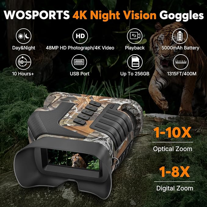 WOSPORTS 4K Night Vision Goggles– 10X Optical & 8X Digital Zoom, 64GB Card 1315FT Infrared Range, Rechargeable 5000mAh Battery, Ideal for Camping & Security – Camo