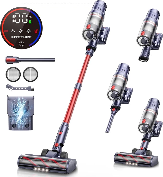 INTETURE Cordless Vacuum Cleaner, 650W 55Kpa 70Mins(ECO) Vacuum Cleaners for Home, Self-Standing Stick Vacuum with Touch Screen & Wall Charging Station for Hard Floor Carpet Pet