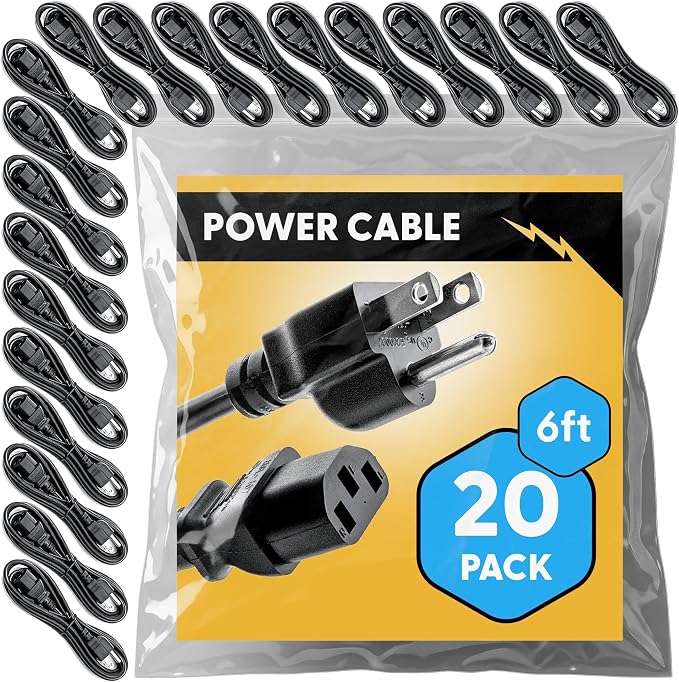 UL Approved 6ft Universal Power Cord (20 Pack) - IEC C13 to NEMA 5-15P Computer Monitor Cable for IT Departments, Data Centers & Bulk Purchasing - 18AWG 10A 125V