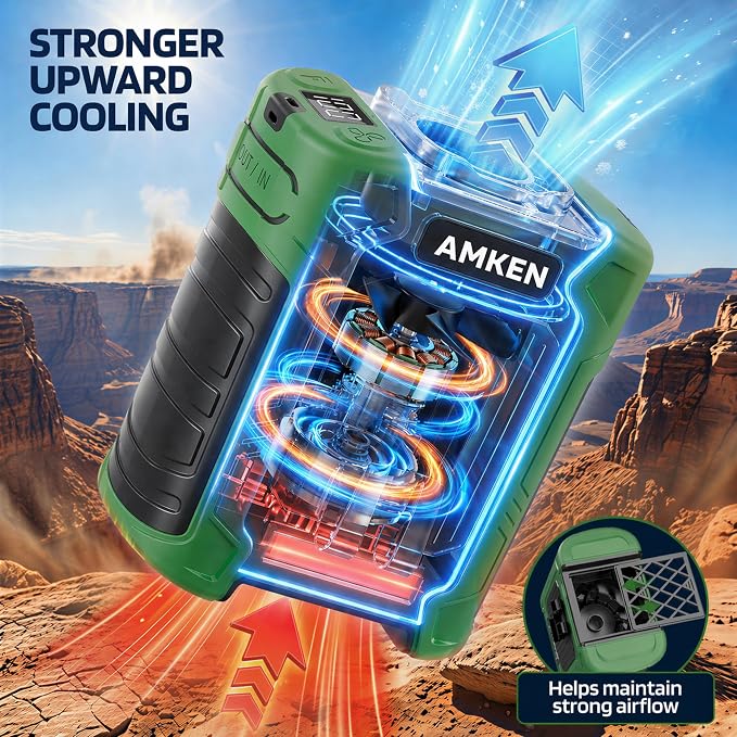 AMKEN Waist Fan, 10000mAh Rechargeable Belt Clip Fan, 59ft/s Airflow, 6-Speed 18500RPM Wearable Cooling with Bottom Air Intake, LED SOS Warning Light, Charge 2 Phones for Jobsite Camping
