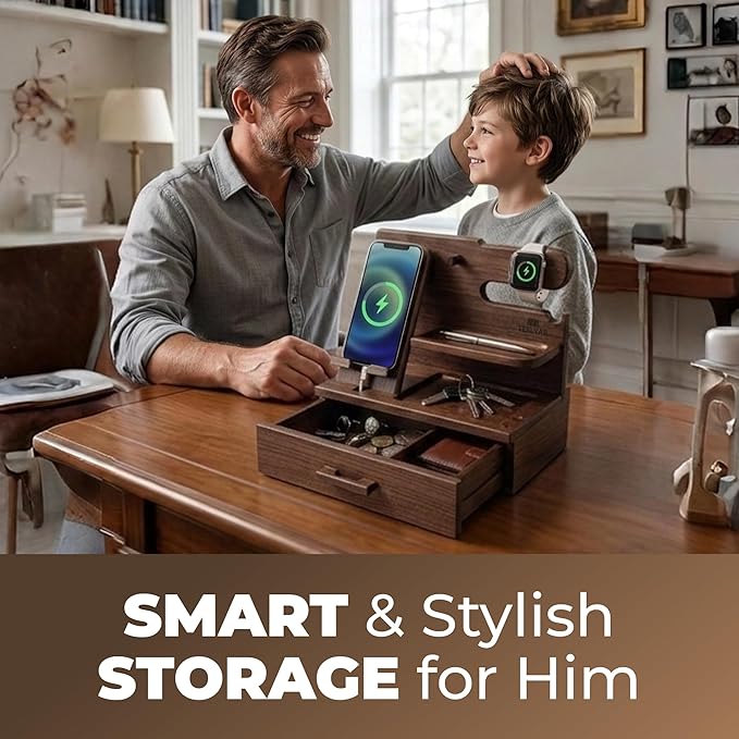 TESLYAR Wood Phone Docking Station with Drawer - Nightstand Organizer - Desk Organizer for Husband - Birthday Gifts for Men, Dad, Anniversary Idea, Key Holder Stand Watch & Accessories (Bourbon Brown)