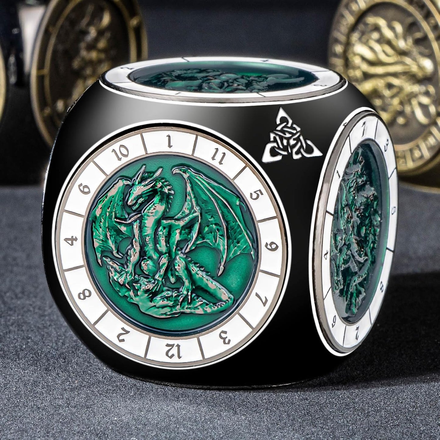 7 in 1 D6 Spinner DND Dice Set D&D, Metal Cube D and D Dice with Gift Box, Dungeons Dragons Role Playing Dice, Black Green