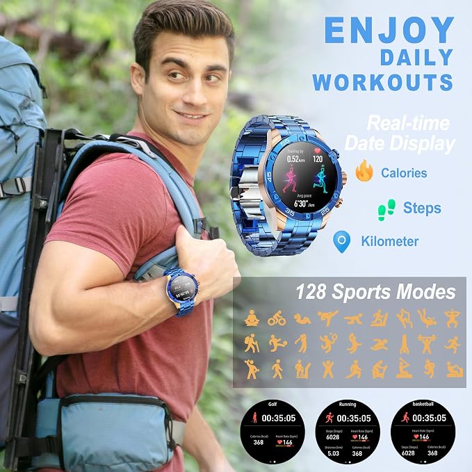 Men's Smart Watch Round HD 1.53" Gold Blue Smart Watches for Men, Multiple Sports Modes, Bluetooth Voice Call. Available for iOS and Android (Blue Steel)