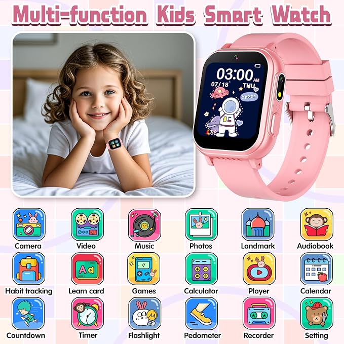 Waterproof Smart Watch for Kids Girls Age 5-12 with 32 Games, Dual Camera, Habit Tracking, Music Player, Video, HD Touchscreen Kids Smart Watch Birthday Gift Toy for 3-12 Year Old (Light Pink)