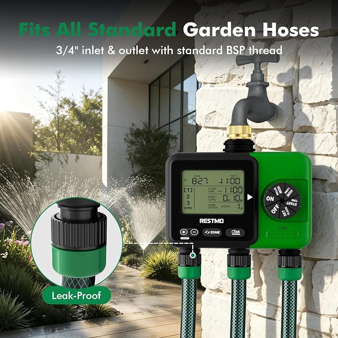 RESTMO Sprinkler Timer for Outdoor Hose Faucet 3 Zone, Up to 9h59m Programmable Watering Timer for Soaker Hose, Filling, Misting with Brass Inlet, Rain Delay/Manual/Automatic Irrigation System