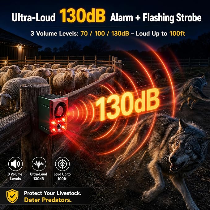 ChunHee Solar Outdoor Motion Sensor Alarm with Dog Barking Gunshot Sound, Support Recording and Adjustable Volume, 130db Loud Noise Maker 3 Work Modes Strobe Light for Home, Villa, Farm, Barn (2pack)