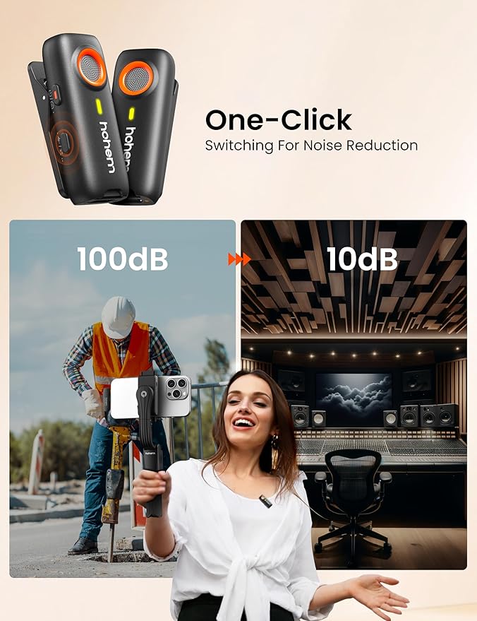 hohem MIC-01 Wireless Lavalier Microphone, Noise Cancellation,48kHz 328ft Range, 20 Hours Battery, Wireless Microphone for Android, PC, Camera, Video Recording (2TX + 1RX + Charging Case)