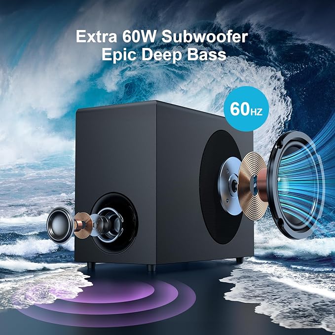 Sound Bar with Subwoofer, 110W Sound Bar for Smart TV, with Deep Bass & Volume Boost & 3 Equalizer Modes, Bluetooth/ARC/Opt/AUX Connect, Detachable Soundbar for TV/PC/Gaming/Projectors