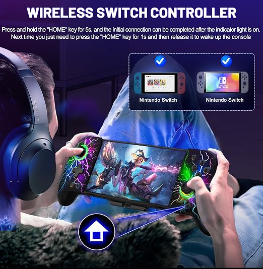 Gammeefy Switch Controller – Hall Effect Joysticks & Enhanced Grip – One Piece Switch Joypad Replacement Switch Pro Controller with 8-Color RGB Lighting, Turbo, Macros - Lightning, 6.2"/7"
