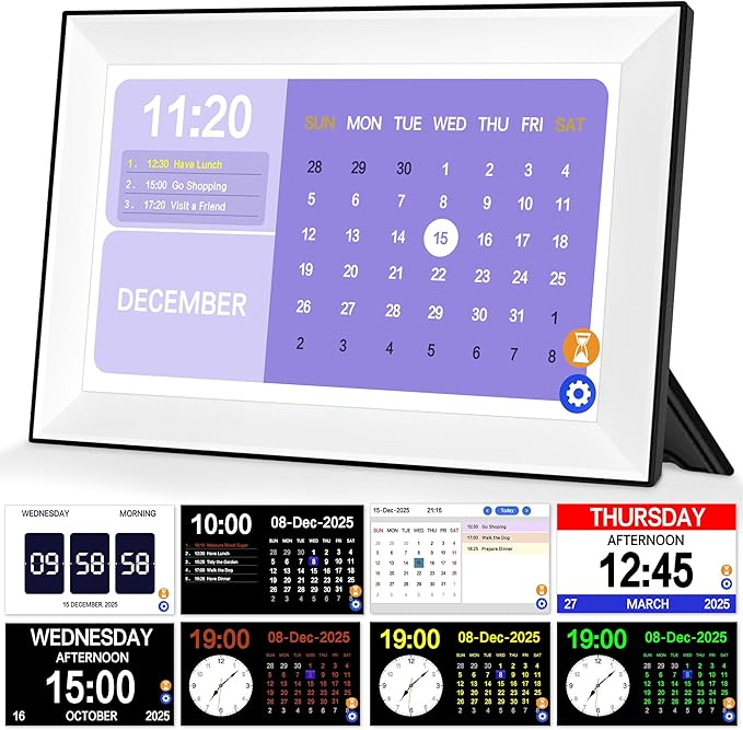 10.1" Touchscreen Digital Clock Large Display, Dementia Clocks for Seniors Custom 64 Reminders and Alarms, Auto DST, Auto-Dimming, Digital Alarm Clock with Day and Date for Elderly(White)