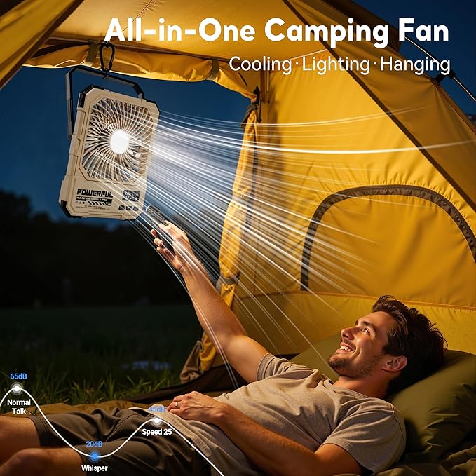 Portable Fan, Camping Fan, 20000mAh 6-Inch 18-85H Rechargeable Ultra Thin Foldable with Built-in Power Bank, LED Light, Remote Control, Hook for Outdoor Camping Tent RV Travel (Black)