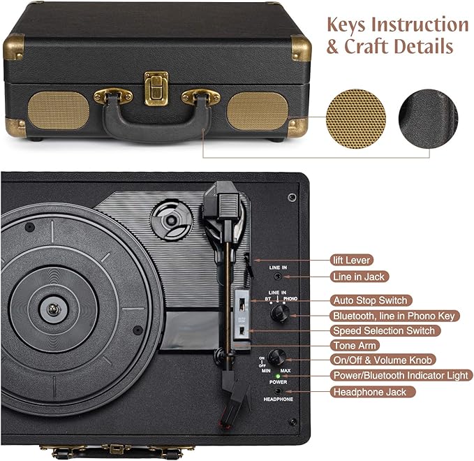 Retrolife Vinyl Record Player 3-Speed Bluetooth Suitcase Portable Belt-Driven Record Player with Built-in Speakers RCA Line Out AUX in Headphone Jack Vintage Turntable,Black
