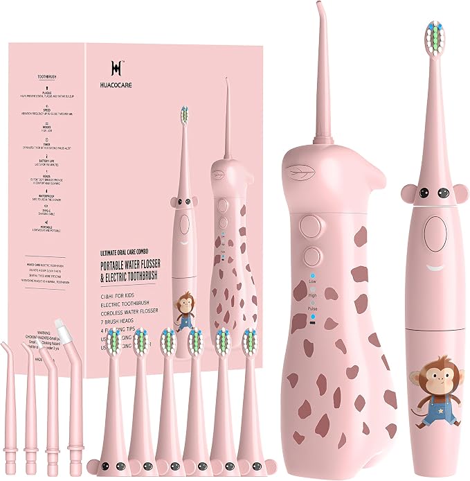 Kids Water Flosser & Electric Toothbrush Combo for Ages 6-12,Children Oral Irrigator with 3 Gentle Modes & 2 Sonic Modes,Braces-Friendly Dental Kit for Boys & Girls (Giraffe & Monkey Design)