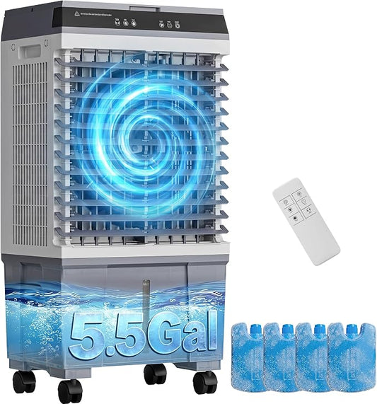 Portable Evaporative Air Cooler, 1800CFM Swamp Cooler with 5.5 Gallon Top Fill Tank, 4 Ice Packs, 120° Oscillation, 3 Speeds, 12 Hour Timer, Remote, for Home Office Bedroom