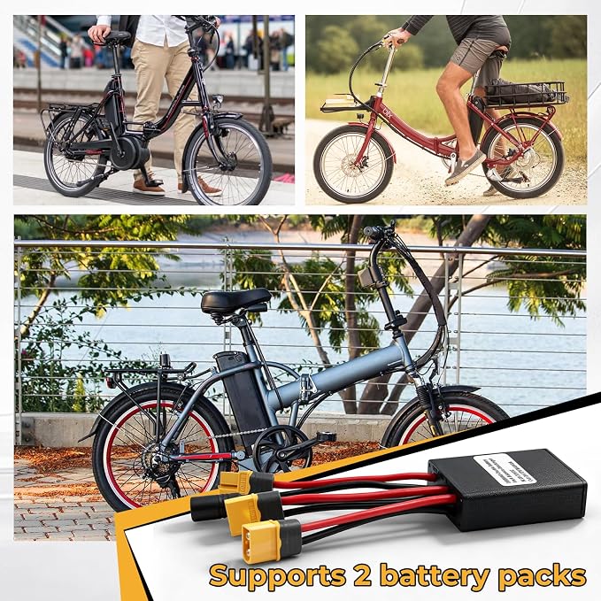 Electric Bike Dual Battery Discharge Converter, 20V-72V Dual Battery Parallel Module Adapter for Batteries and Controllers (40A), Includes Charging Cable