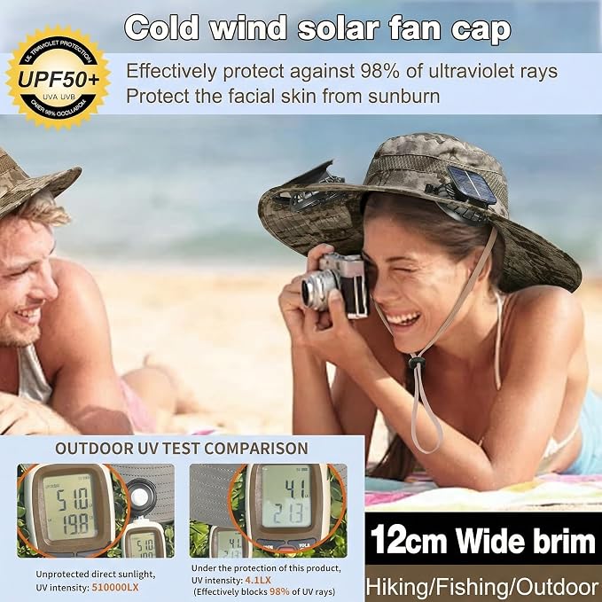 Outdoor Wide Brim Sun Hat with 2 Solar Powered Fan, Bucket Hat for Men Women, Fishing, Gardening & Beach Hat for Men