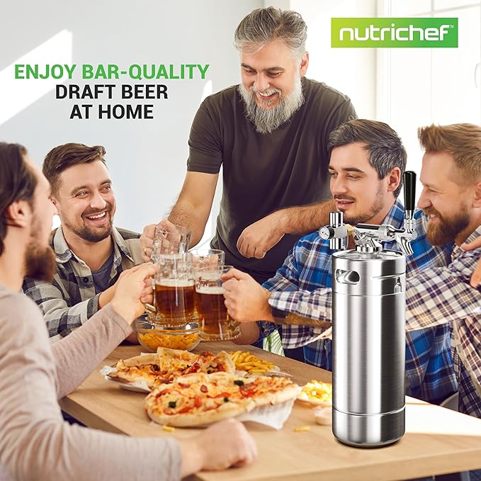 NutriChef Pressurized Growler Tap System, 128oz Stainless Steel Mini Keg Dispenser Portable Kegerator Kit, Co2 Pressure Regulator Keeps Carbonation for Craft Beer, Draft and Homebrew