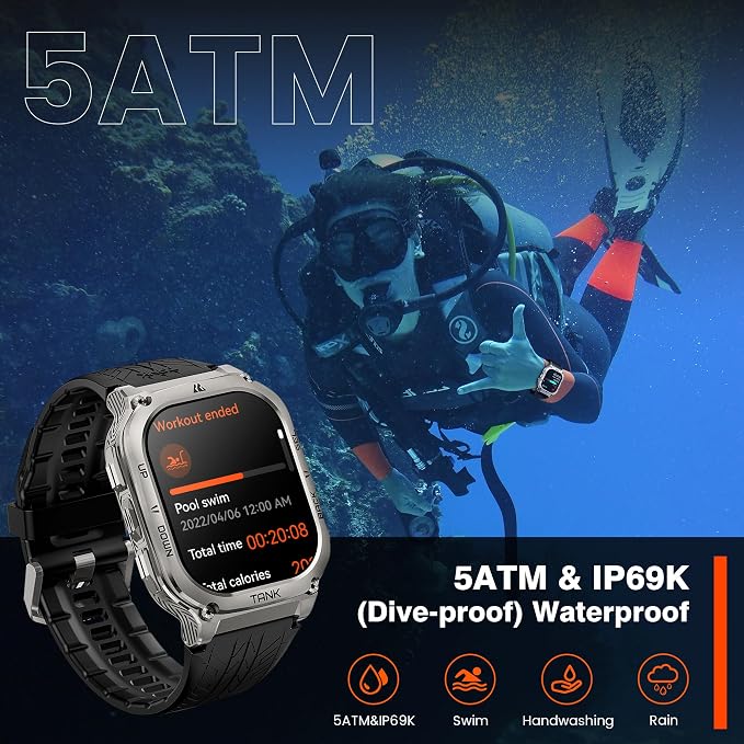 AMAZTIM Smart Watches for Men - Rugged Outdoor Fitness Watch, 170+ Sports Modes, 5 ATM Waterproof, 1.96" AMOLED, Gorilla Glass, Answer/Make Calls, Android & iOS Compatible