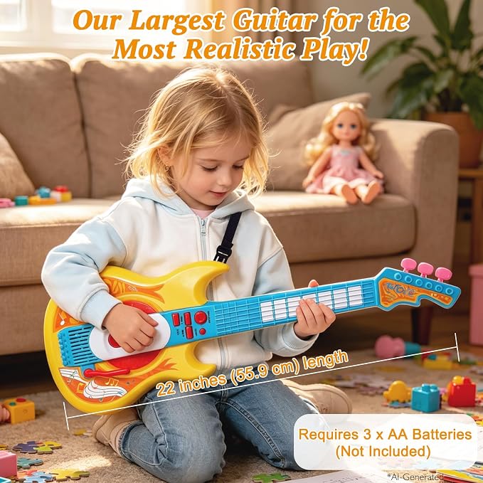 Sealive Toy Guitar for Kids Ages 3-5, 22 Inch Electric Guitar with Strap | Toy Guitar for Toddler 3-5, Pretend Play, Music Learning, Birthday Gift, Flashing Lights, Realistic Strumming, Yellow