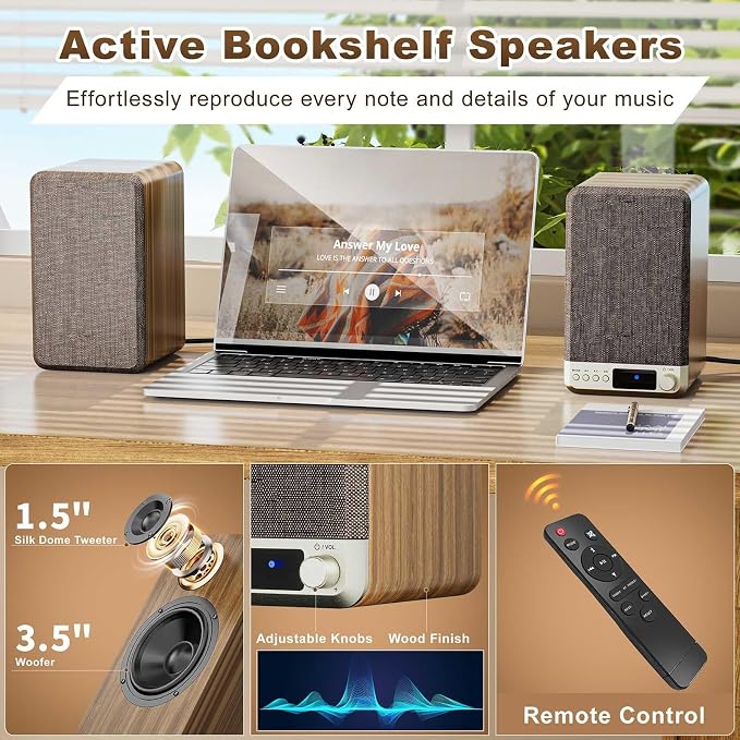 Active Bookshelf Speakers, 60W Powered Record Player Speakers with 3.5 Inch Woofer, Turntable Speakers with AUX/RCA/BT Input, Home Stereo Speakers Wired for Vinyl Player Desktop PC