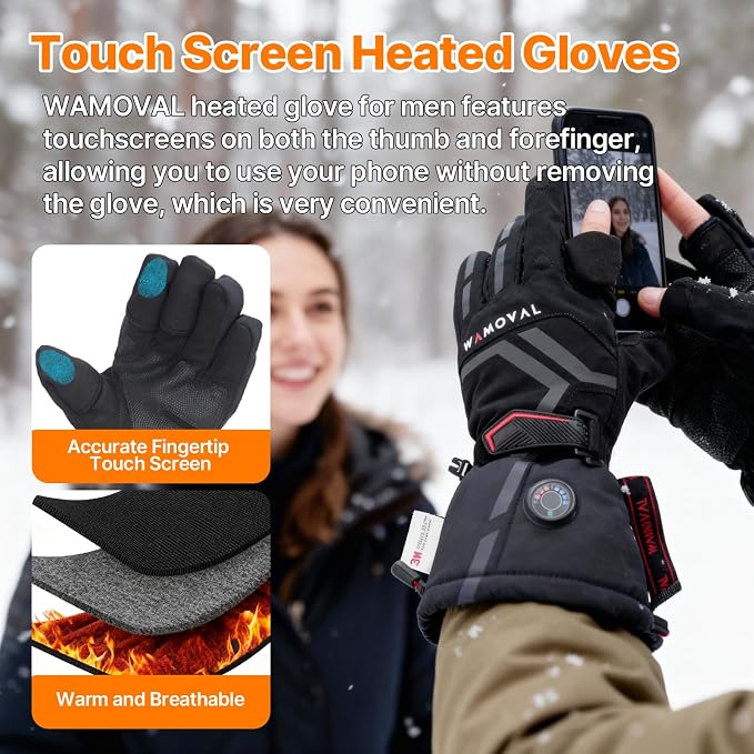 Heated Gloves, 7.4V Rechargeable Hand Warmer for Men Women, Up to 8 Hours, 3 Heat Settings, Windproof Thermal Fleece 3-Finger Magnetic Flip for Hunting/Fishing/Photography/Drone, Touchscreen
