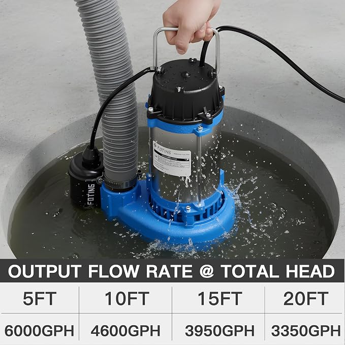 FOTING 1HP 6000 GPH Sump Pump Submersible Sewage/Effluent Pump - Heavy Duty Cast Iron - 115V Septic Pump for Sump Basin/Residential/Sewage/Basement, Sewage Pumps 1-1/2'' NPT